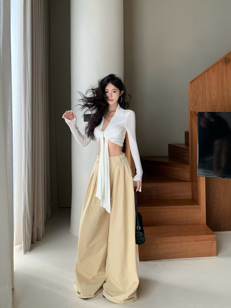 NA+ 性感辣妹polo領短款綁帶上衣 米