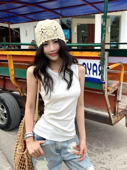 NA+ 美式簡約美腰縷空背心 白/黑