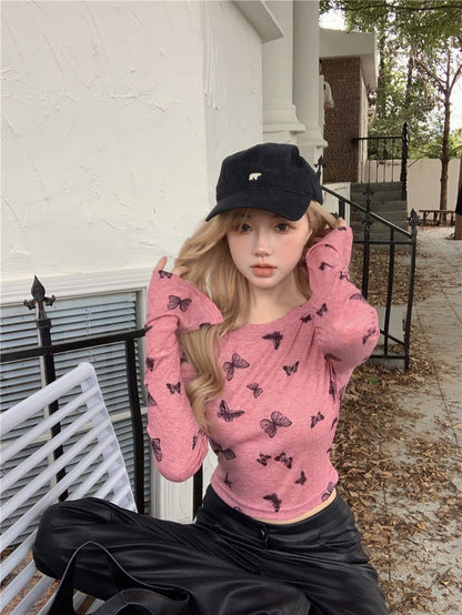 Na+ Lucky蝴蝶印花透視彈力上衣 粉