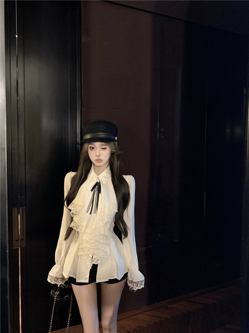 NA+ 法式女爵 宮廷蕾絲荷葉收腰襯衫