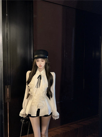 NA+ 法式女爵 宮廷蕾絲荷葉收腰襯衫