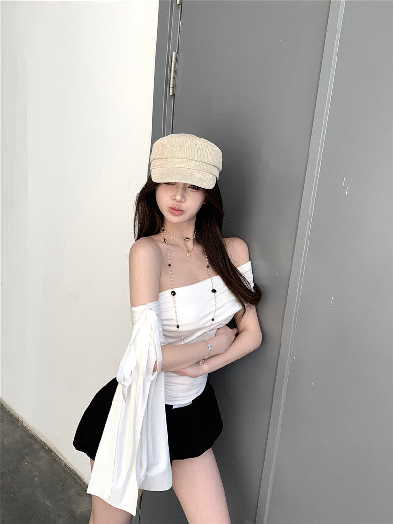 NA+ 純慾系 蝴蝶結側飄帶顯瘦上衣 白