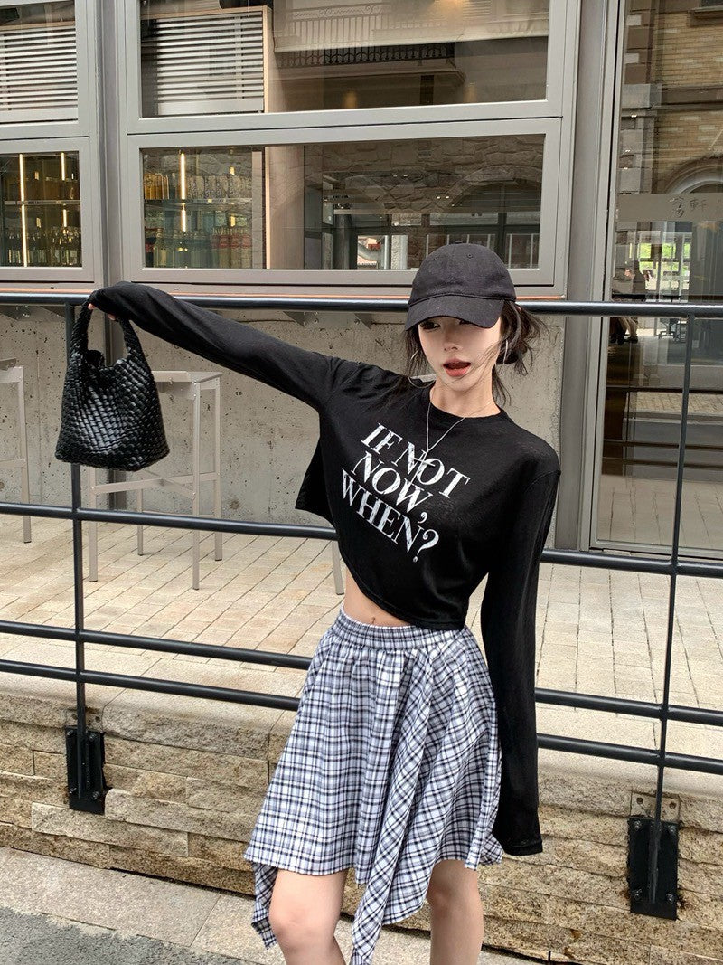 NA+ 百搭休閒空調雪花棉上衣 白/黑 不規則格紋半身裙 黑