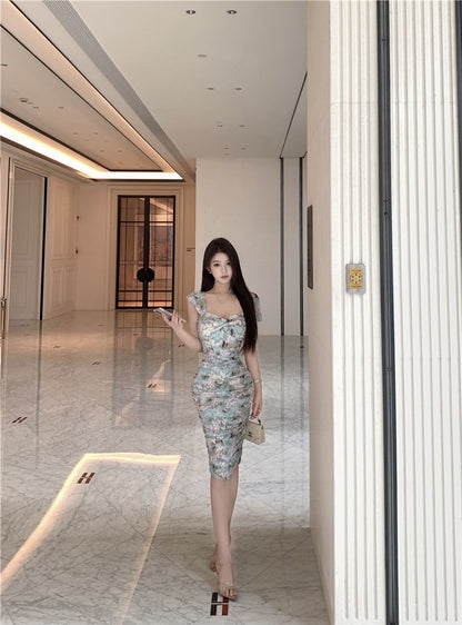 NA+ 漫野碎花極致純慾V領暈染連身裙 綠花