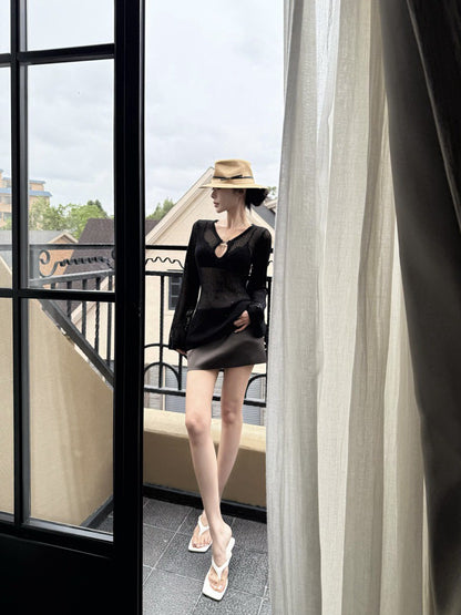 Na+ 時髦歐美老錢 V領縷空疊穿罩衣 黑