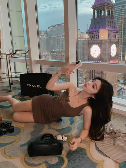 NA+ 立體花仙子不規則拼接連身裙 咖