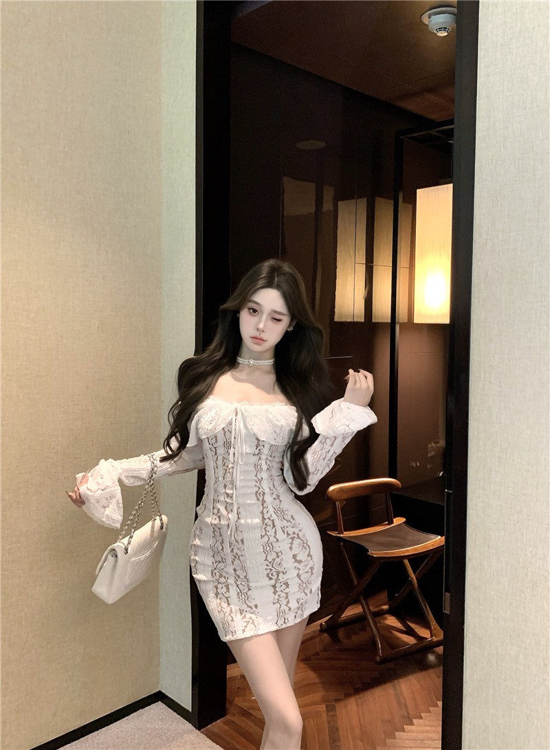 NA+ 法式香肩荷葉緊身連身裙