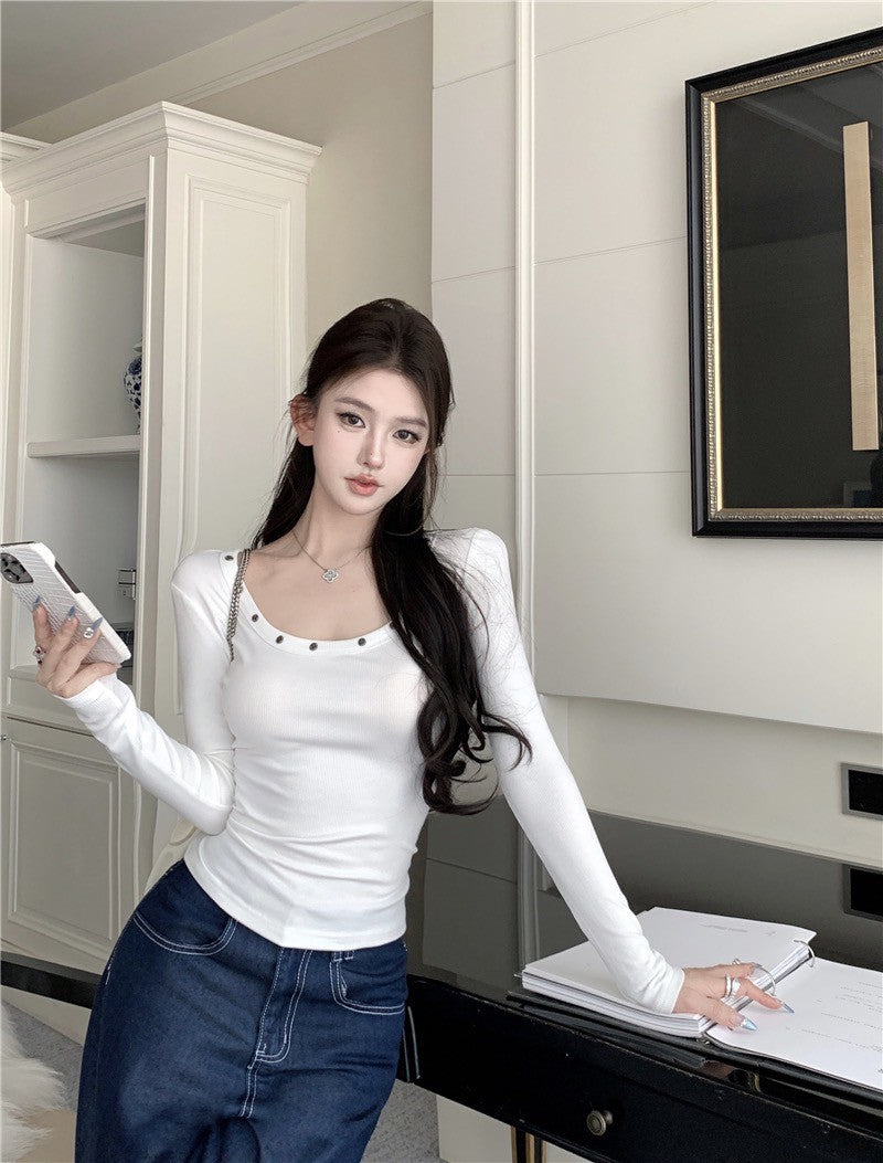 Na+ 基礎簡約圓釘U領上衣 軍綠/白/黑