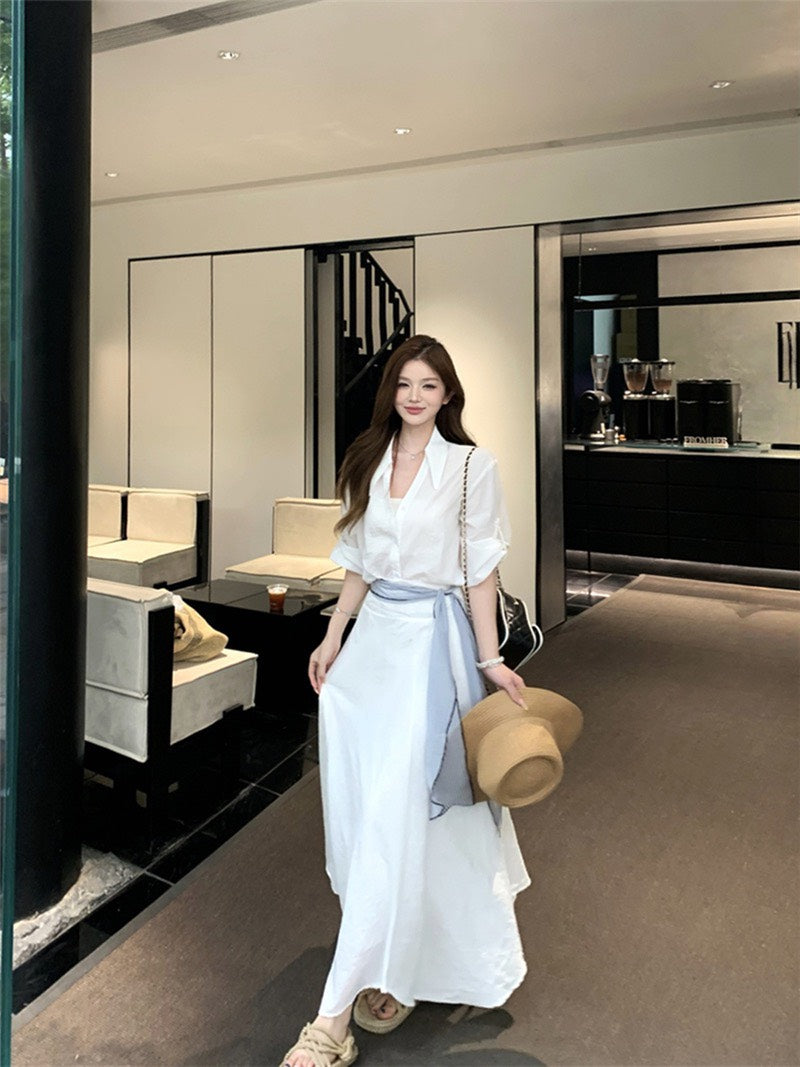 NA+ 老錢度假修身慵懶襯衫/高腰半身裙 白
