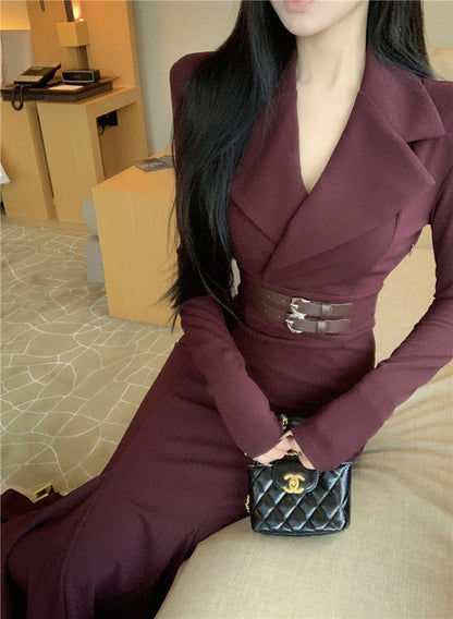 NA+ 性感掐腰西裝式V領收腰魚尾連身裙 紫/黑