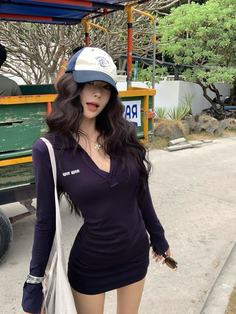 NA+ SO HOT辣妹polo領彈力連身裙 灰/藏藍