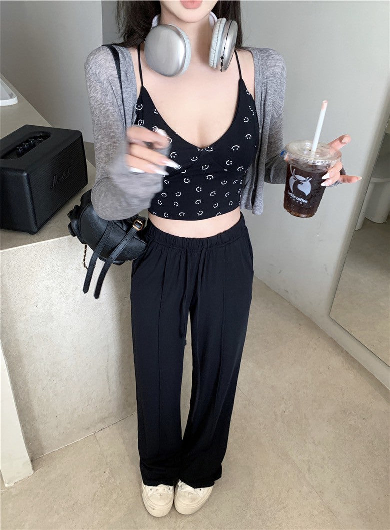 Na+ 辣妹夏日笑臉印花吊帶 開衫2件套