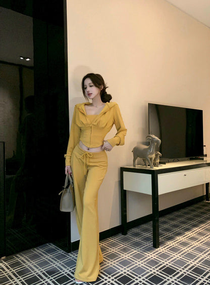 NA+ 歐美女 休閒時髦抹胸收腰外套套裝 抽繩休閒褲 黃