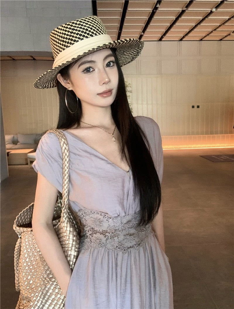 NA+ 定染法式紫水晶收腰V領連身洋裝