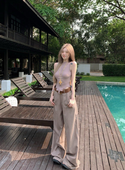 Na+ 不規則設計感針織背心 高腰通勤老錢休閒褲 卡其