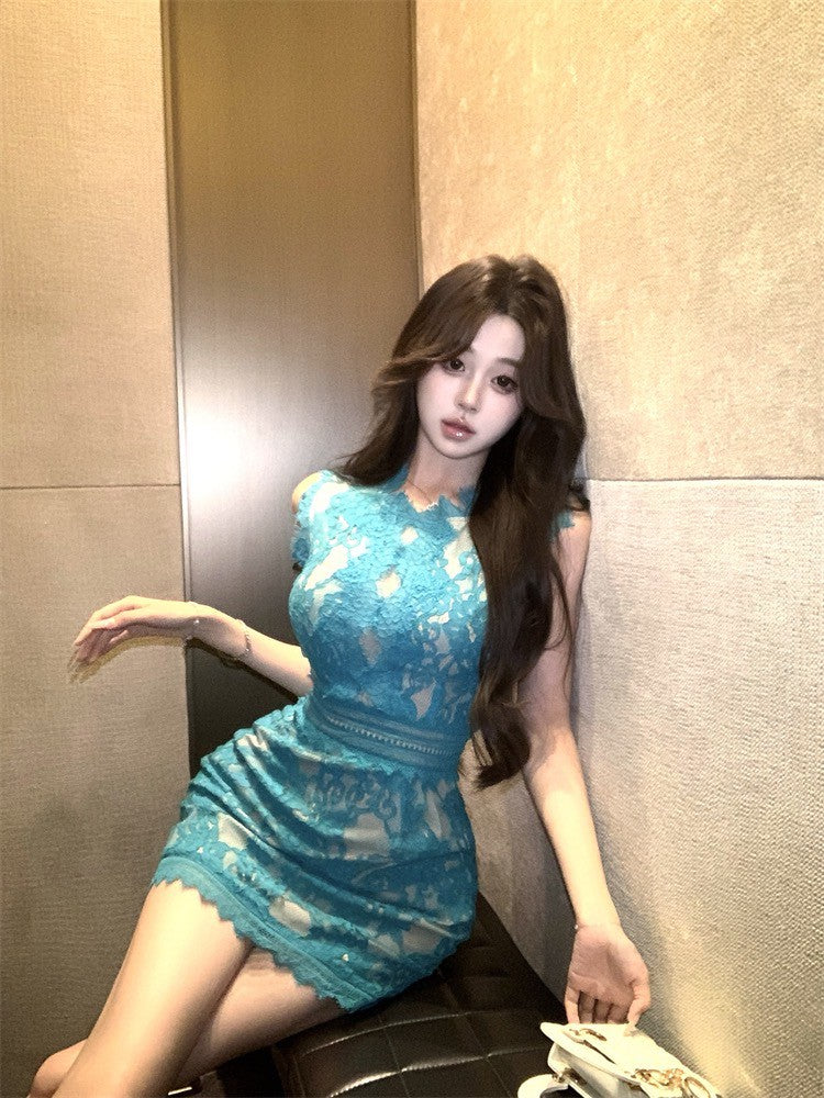 NA+ 竹影漣漪孔雀藍蕾絲包臀連身裙