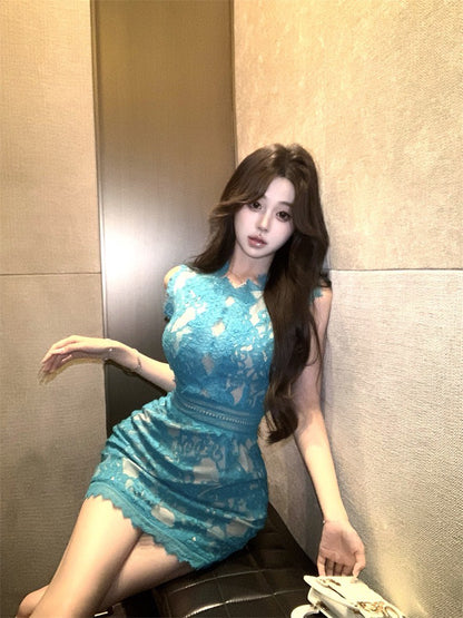 NA+ 竹影漣漪孔雀藍蕾絲包臀連身裙