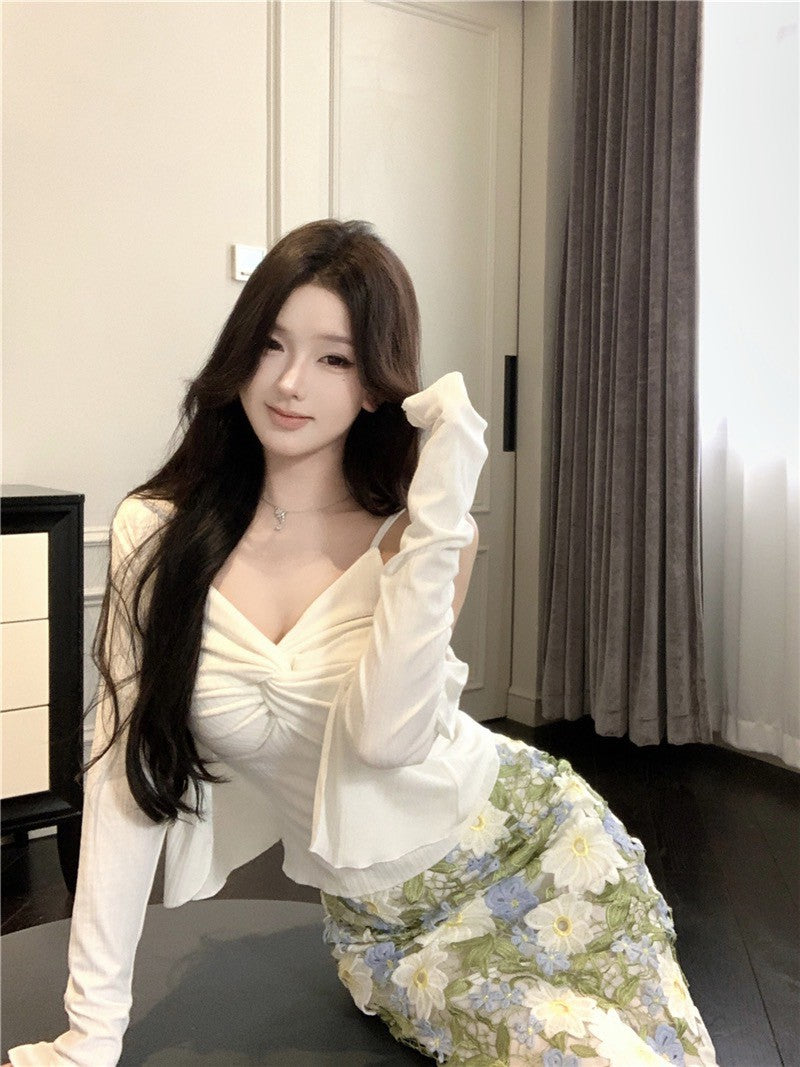 Na+ 富家千金 春色滿分重工手工刺繡花半身裙 顯瘦開衫 背心