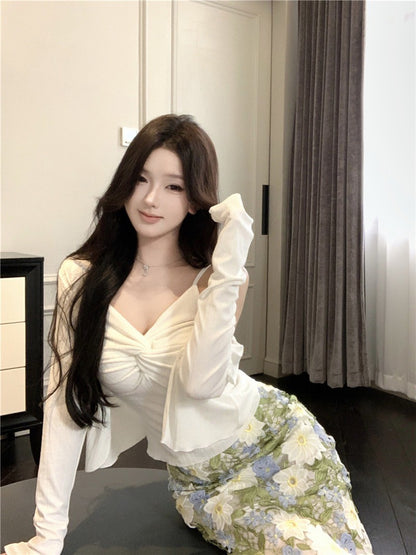 Na+ 富家千金 春色滿分重工手工刺繡花半身裙 顯瘦開衫 背心