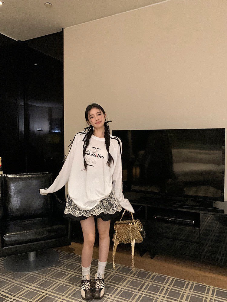 NA+ 韓妞甜心 蝴蝶結字母長袖上衣