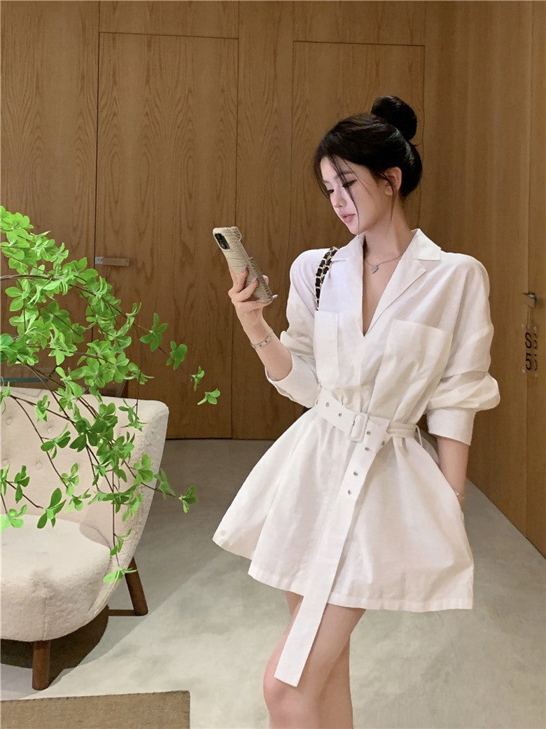 NA+ 韓女極簡主義西式襯衫收腰裙 白