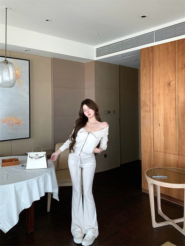 NA+ 休閒穿 毛巾料連帽修身外套/抽繩喇叭褲 米白/深灰