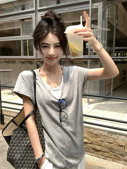 NA+ 寬鬆假兩件慵懶雪花棉T恤 白/灰