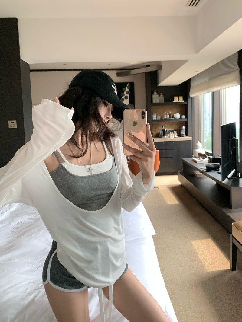 NA+ 斬女outfit灰色系背心短褲 白色外罩衫