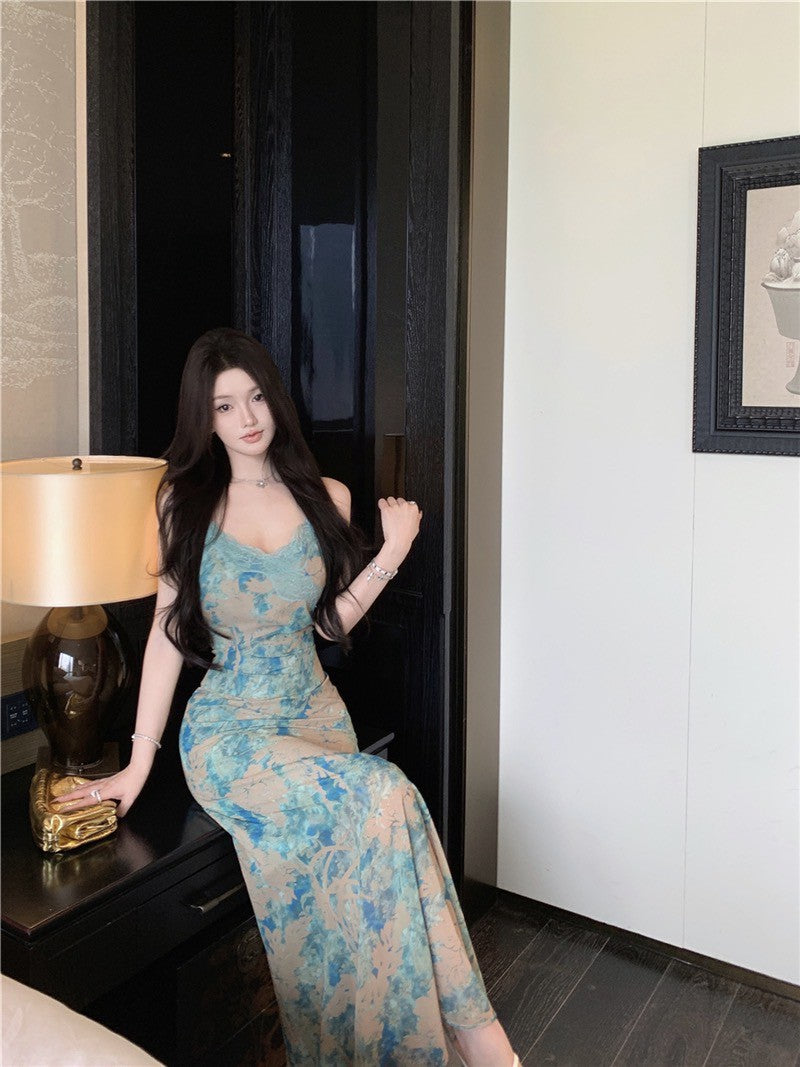 NA+ 斜裁花青綠暈染蕾絲連身裙 針織開衫