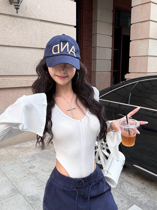 NA+ 性感歐美彈力拉鍊式連體衣 白/黑