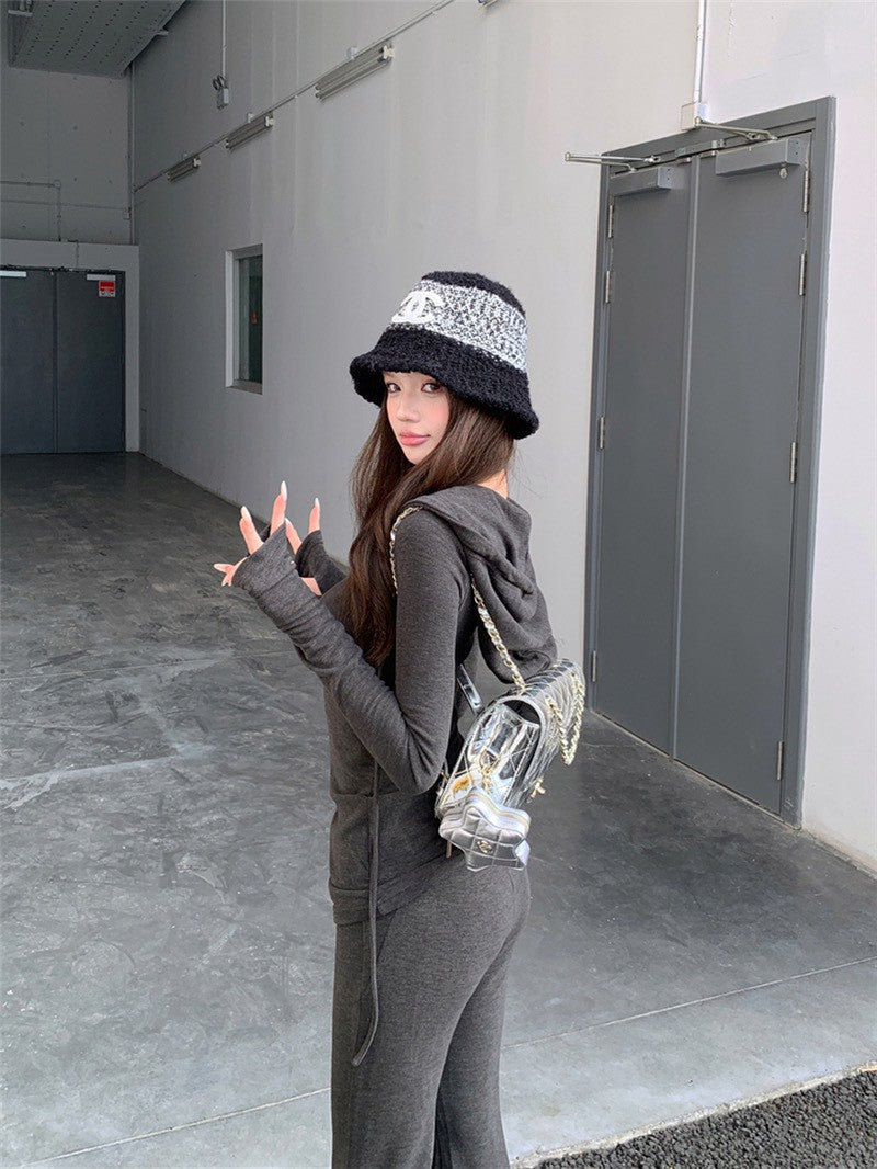 NA+ 基礎好身材修身連帽v領薄長上衣 微喇叭休閒褲 深灰