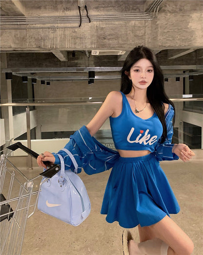 NA+ 美式辣妹寶藍背心套裝 防曬條紋罩衫