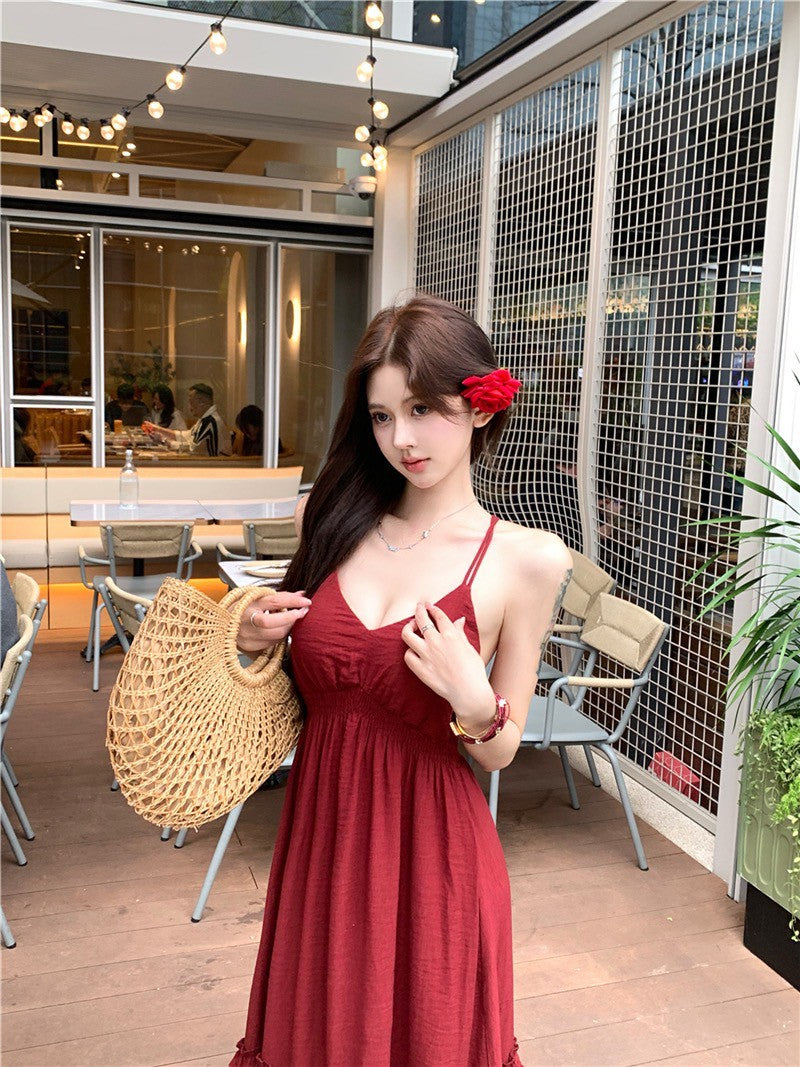 Na+復古度假V領收腰垂墜顯瘦洋裝 酒紅