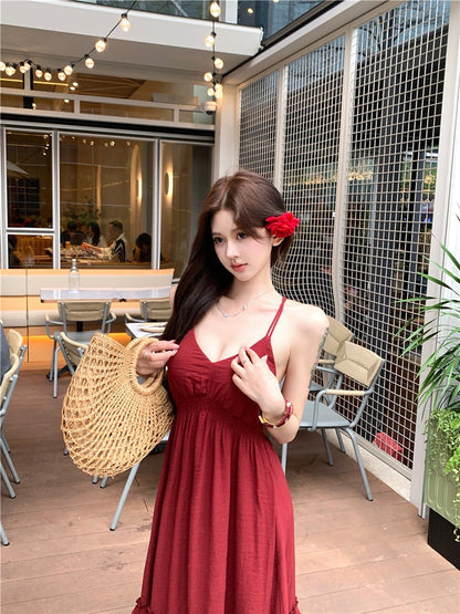 Na+復古度假V領收腰垂墜顯瘦洋裝 酒紅