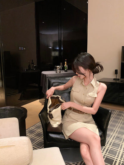 ''Na+''復古回潮 日常通勤polo領排扣連身裙 卡其