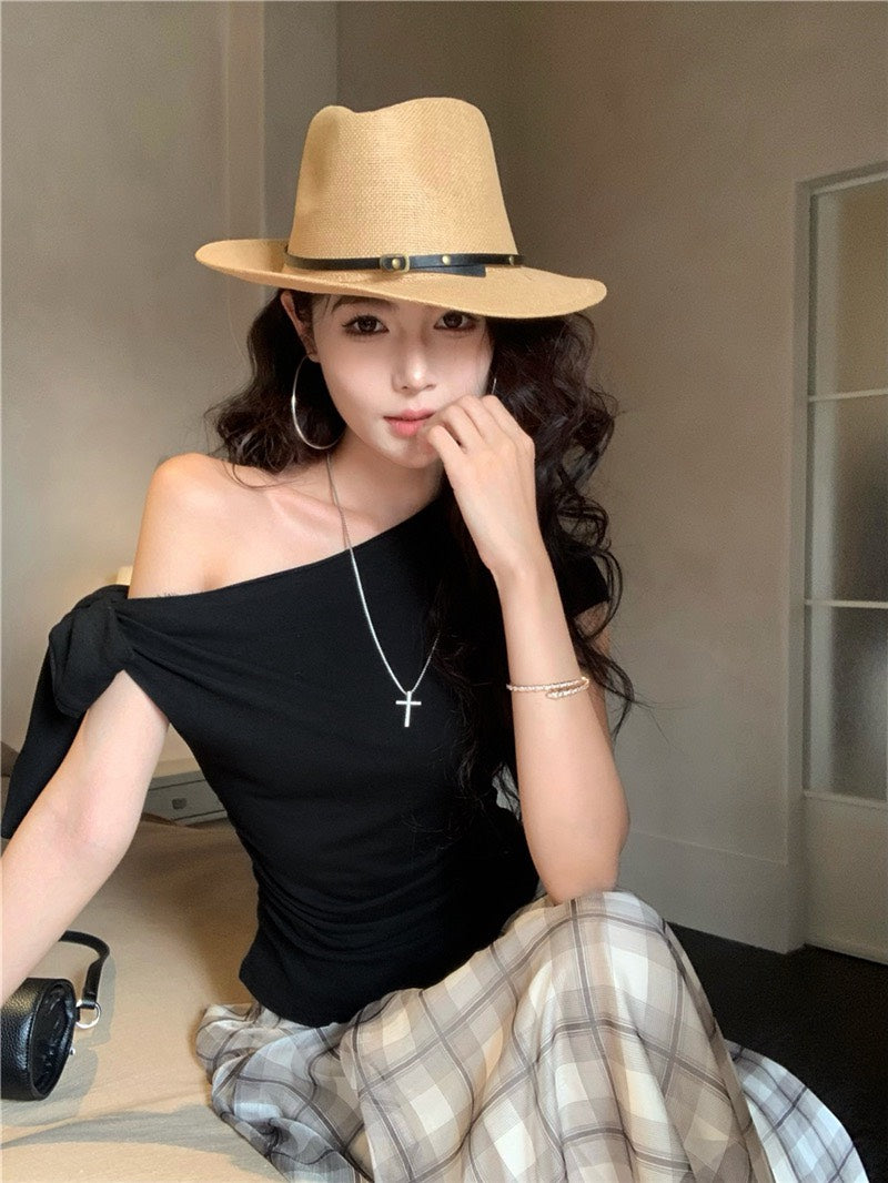 NA+ 隨心搭一套 斜肩綁帶黑色上衣 格紋百搭半身裙