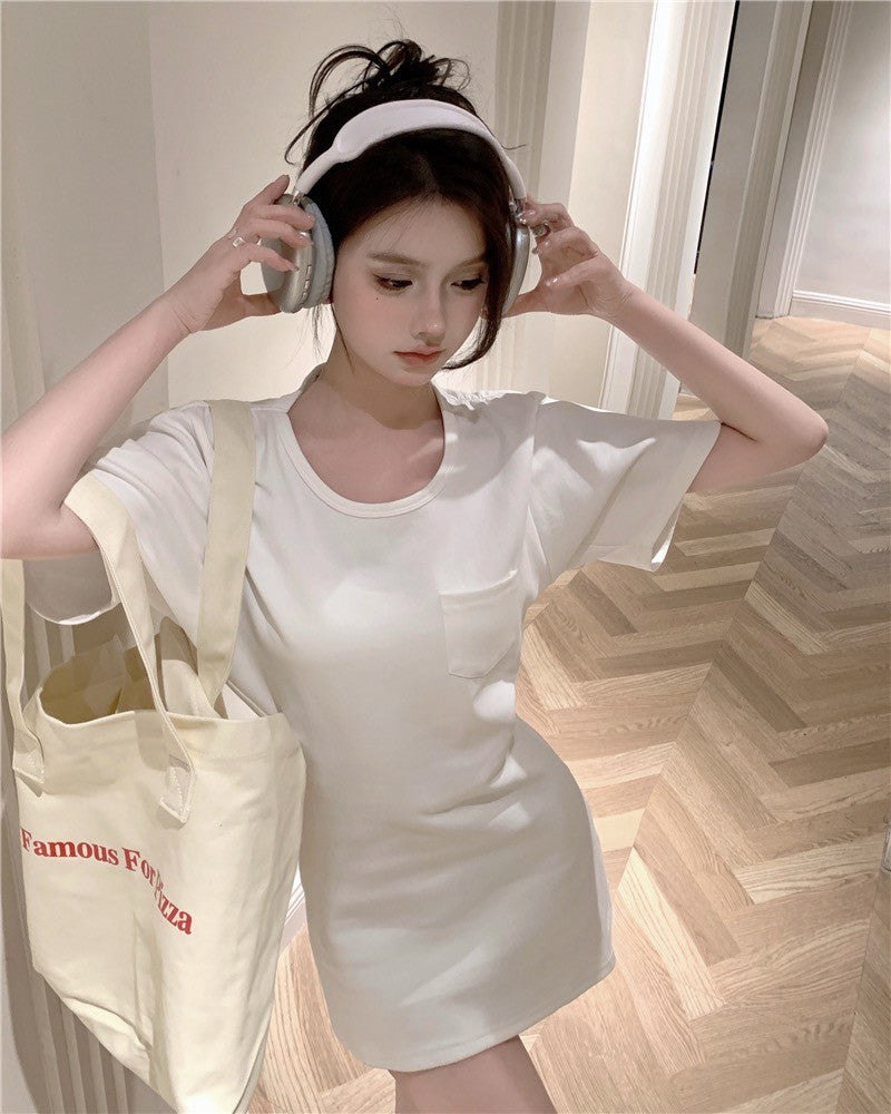 Na+ 鬆弛感收腰口袋T shirt裙 白/黑