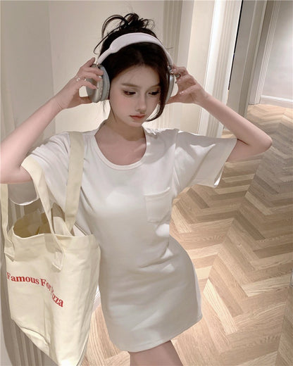 Na+ 鬆弛感收腰口袋T shirt裙 白/黑