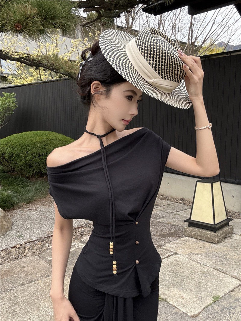 NA+ 老錢靜奢多穿法收腰上衣 繫帶半身裙 黑