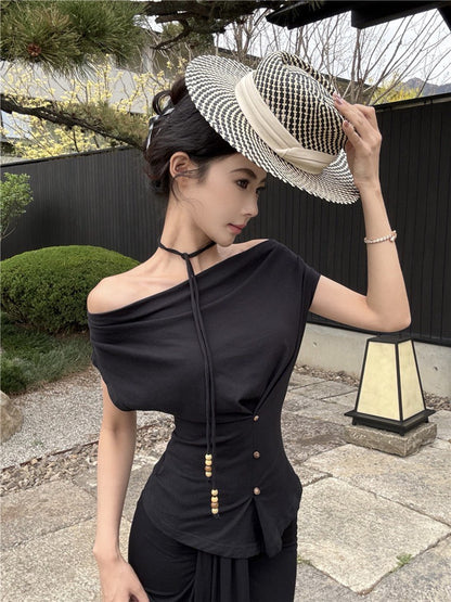 NA+ 老錢靜奢多穿法收腰上衣 繫帶半身裙 黑