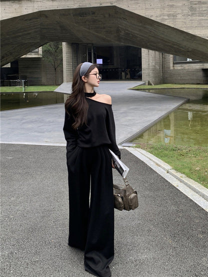 NA+ 美式鬆弛 不規則露肩衛衣 休閒褲 黑