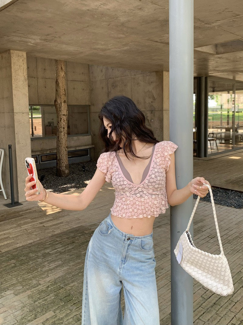 NA+ 粉花小女孩縷空V領疊穿上衣