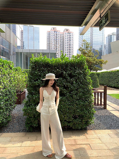 NA+ 華夫格鬆餅帶胸墊度假休閒背心 白 亞麻涼爽呼吸休閒褲