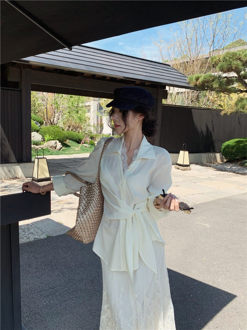 NA+ 韓女氣質蕾絲襯衫/重工蕾絲半身裙