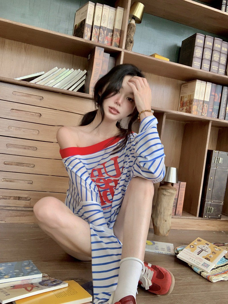 NA+ Young海軍配色慵懶寬鬆上衣