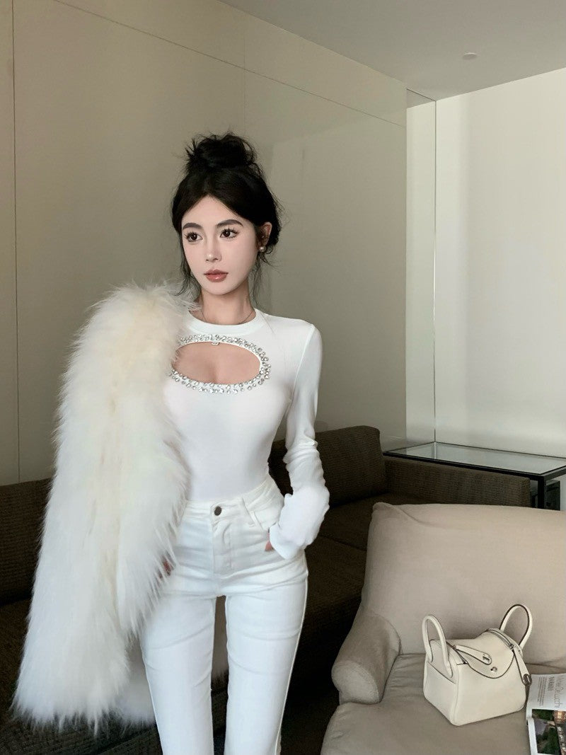 NA+ 純慾心機縷空鑲鑽圓領上衣 白