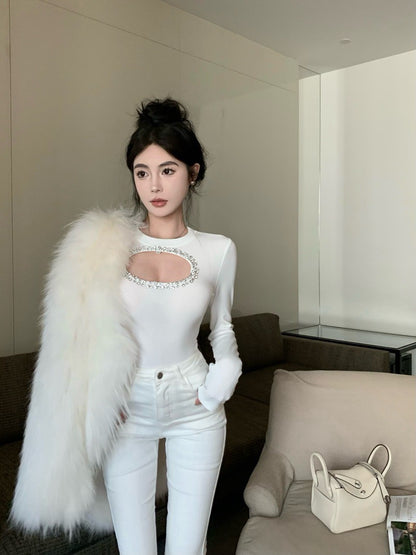 NA+ 純慾心機縷空鑲鑽圓領上衣 白