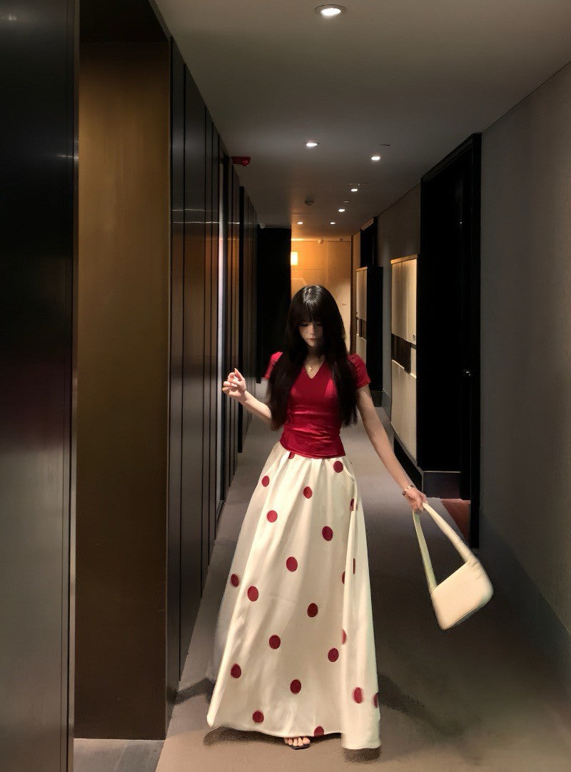 Na+ Redshow 復古V領收腰上衣 波點半身裙