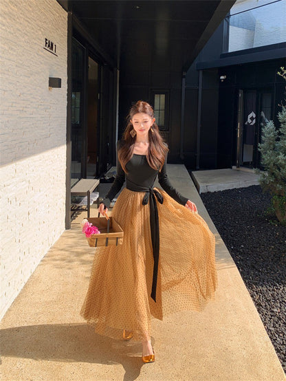 NA+ 許妍千金 蝴蝶綁帶復古撞色連身裙