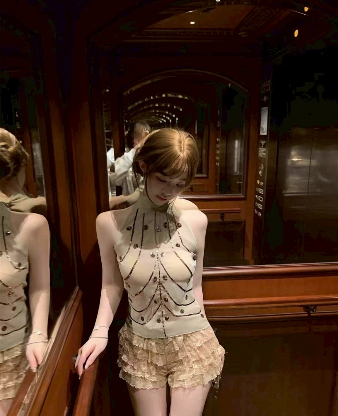 NA+奶茶甜心繫帶綁帶背心 蛋糕花苞褲